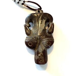 Carnelian Brown Chalcedony Taotie Mask Pendant Hand Carved Asian Revival